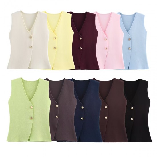 Wholesale of knitted waistcoats and vests for foreign trade, fashionable and casual, new 2024 collection of button gold European and American style women's clothing